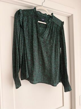 GAP Women's Green Blurred Dot Long-Sleeve Silk Blouse